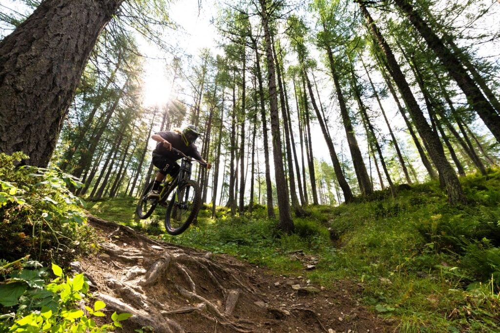 rider con bici downhill nel bosco
