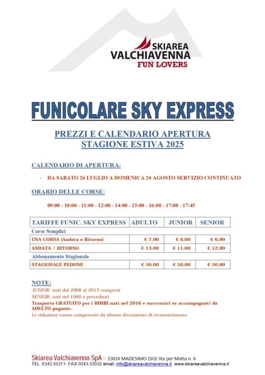 calendario e listino funicolare Sky Express estate 2025