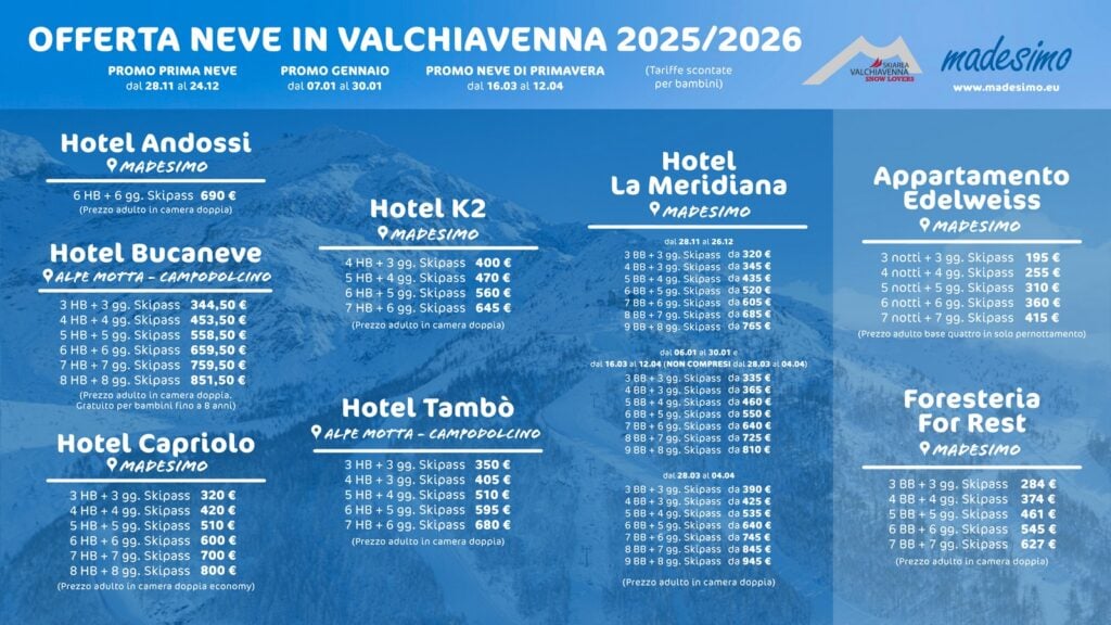 Listino prezzi promo neve 2025