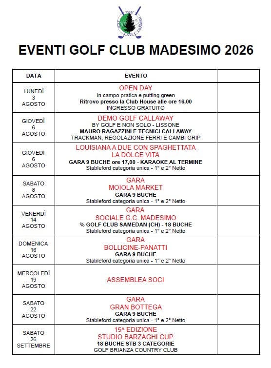 calendario eventi golf club 2026